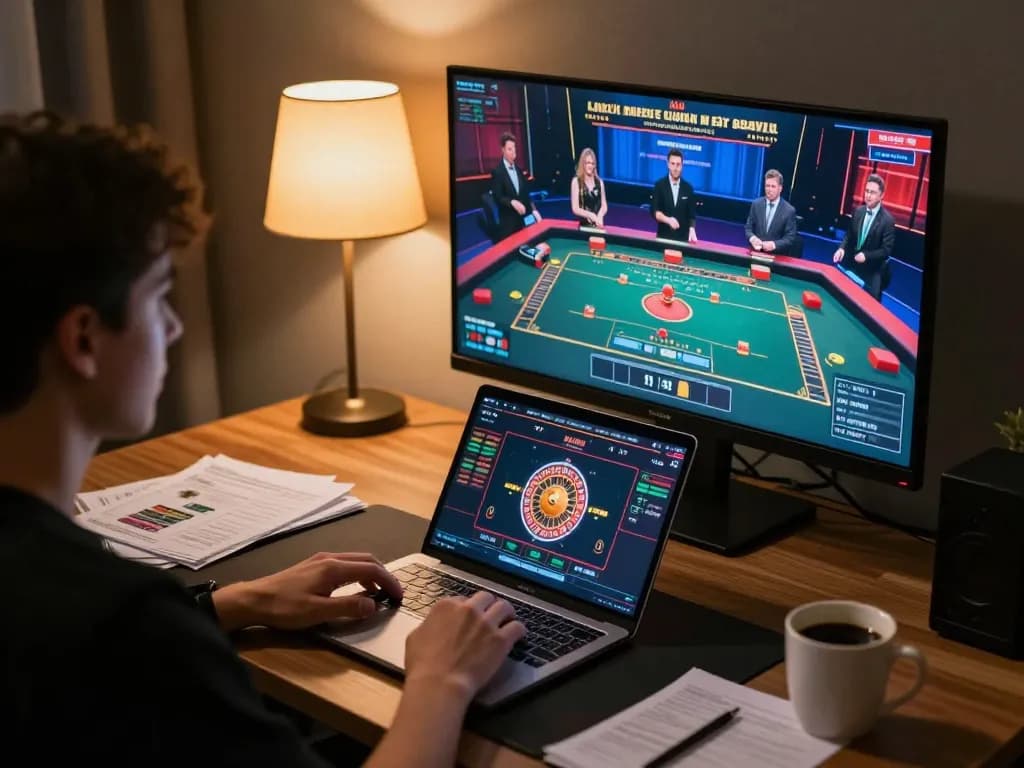 Orang berinteraksi dengan roulette langsung di pengaturan permainan online uxplora, menampilkan suasana perjudian modern