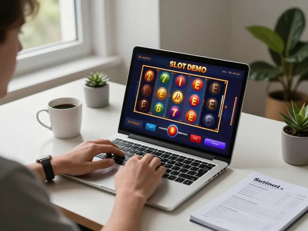 Engaging in a Slot Demo game online with colorful reels and strategy notes