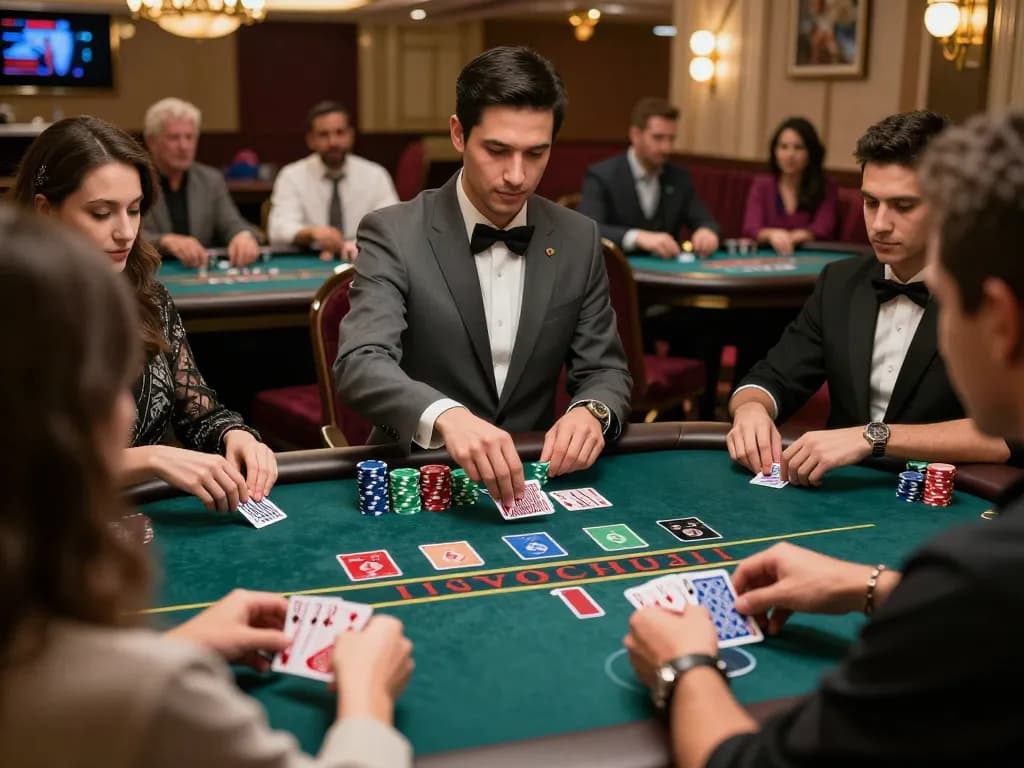 FIVE88 players strategizing their bets during an intense blackjack game in a luxury casino.