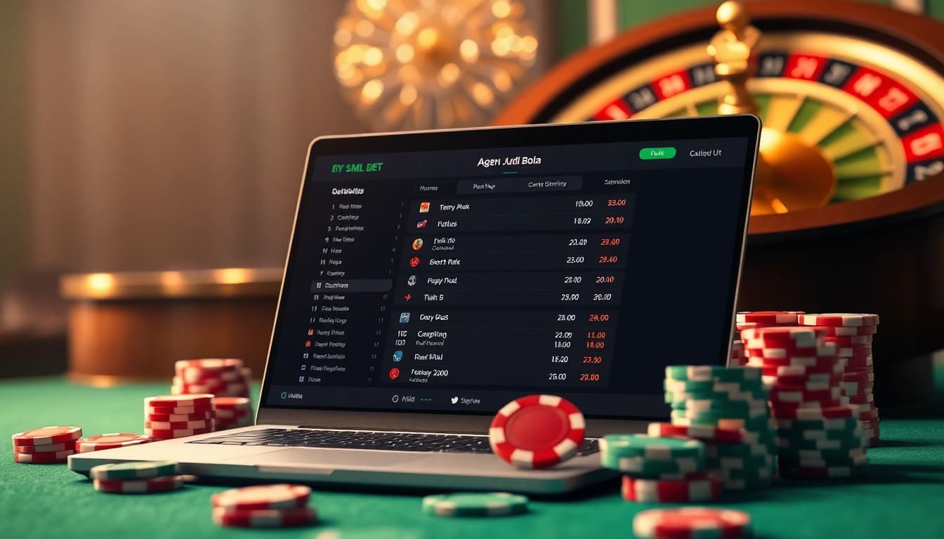 Bet on Agen Judi Bola with a luxurious online interface featuring poker chips and a roulette wheel.
