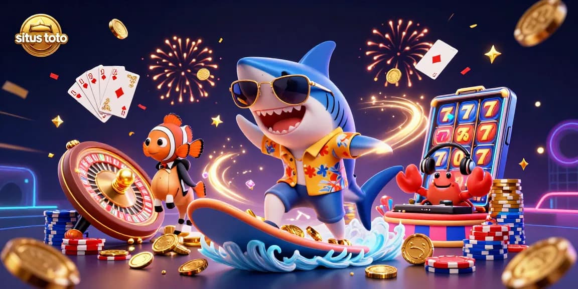 Surf on gold coins at situs toto with a shark, clownfish, and crab DJ packed in a casino-themed scene.