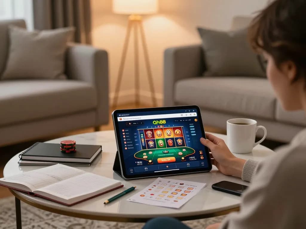 Engaged player utilizing the Qh88 trang chủ app for online casino gaming in a cozy living room