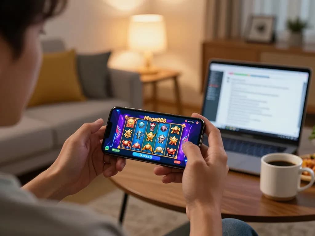 Mega888 android download on a smartphone displayed in a cozy home setting with engaging gameplay.