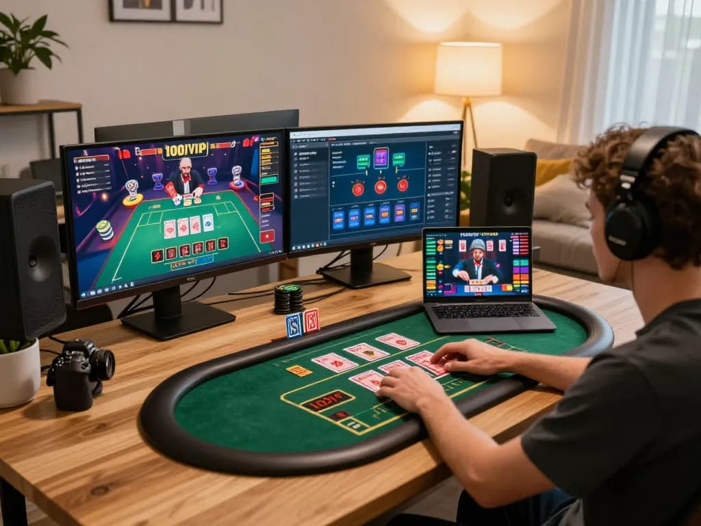 Engaged player exploring 100VIP online casino games on a sleek laptop in a modern home setup.