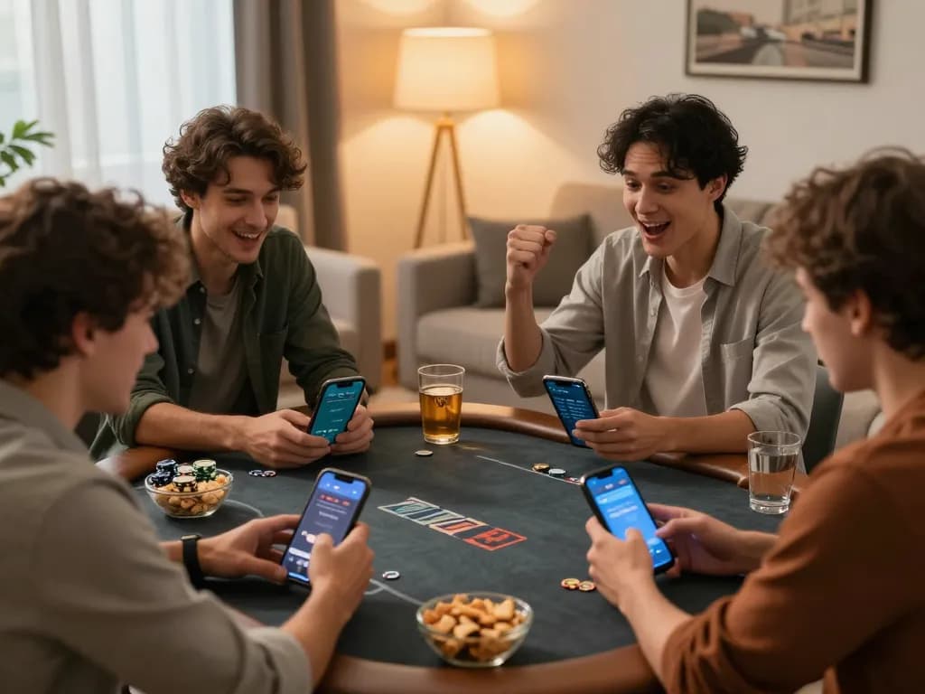 Excited players engaging with Go99 mobile poker app in a cozy living room.