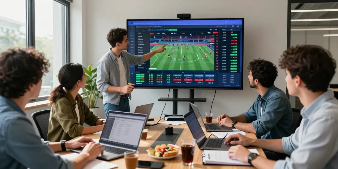 Engaged sports analysts utilizing soikeonhacai.com.co for precise betting insights in a modern office.
