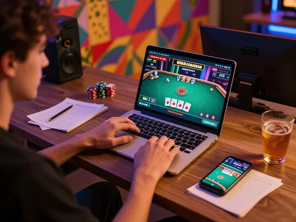 Excited user engaging in live poker game at O8casino on laptop, showcasing strategic gameplay.