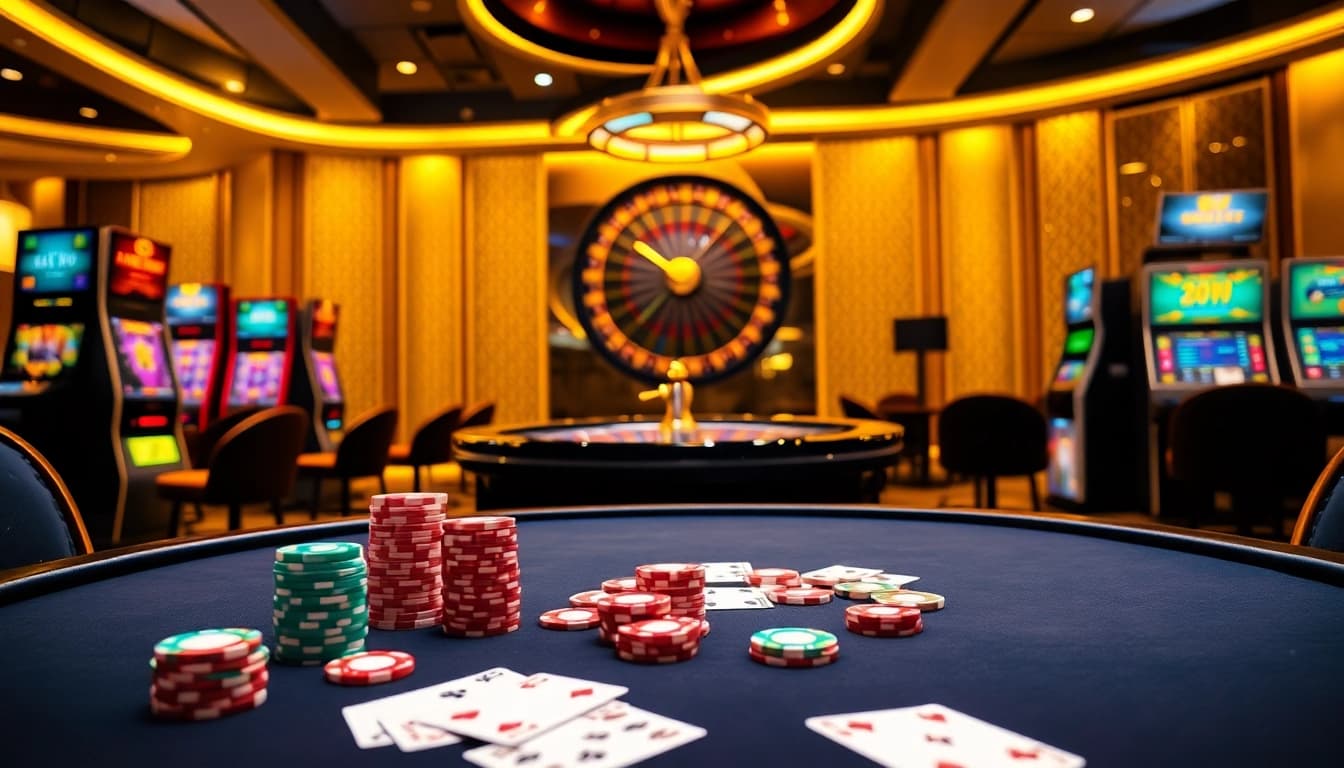 Join the excitement at hm88 with vibrant casino visuals showcasing poker chips and cards.
