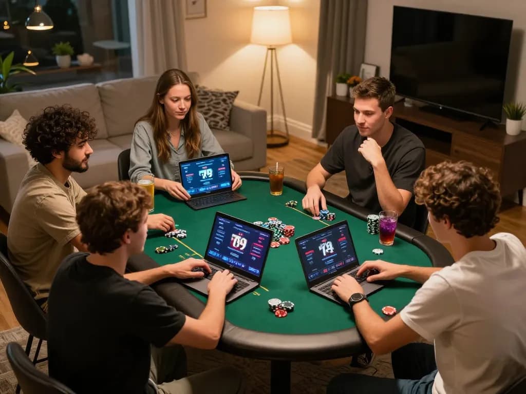 Friends playing poker online at 789club in a stylish home setting, showcasing excitement and strategy.