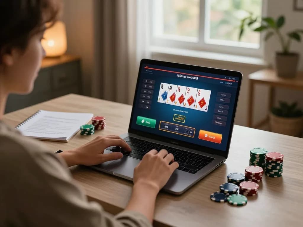 Player engaged in online poker game on laptop, showcasing HM88 strategy with organized notes and chips.