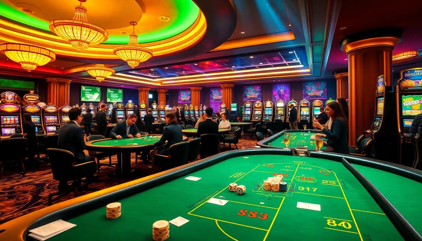 Players engaging in games at jun88site.com casino, showcasing vibrant poker tables and slot machines.