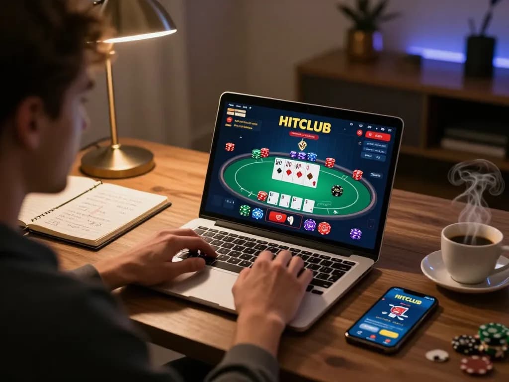 Engaging player at home enjoying HITCLUB online casino games with poker interface and strategic notes.