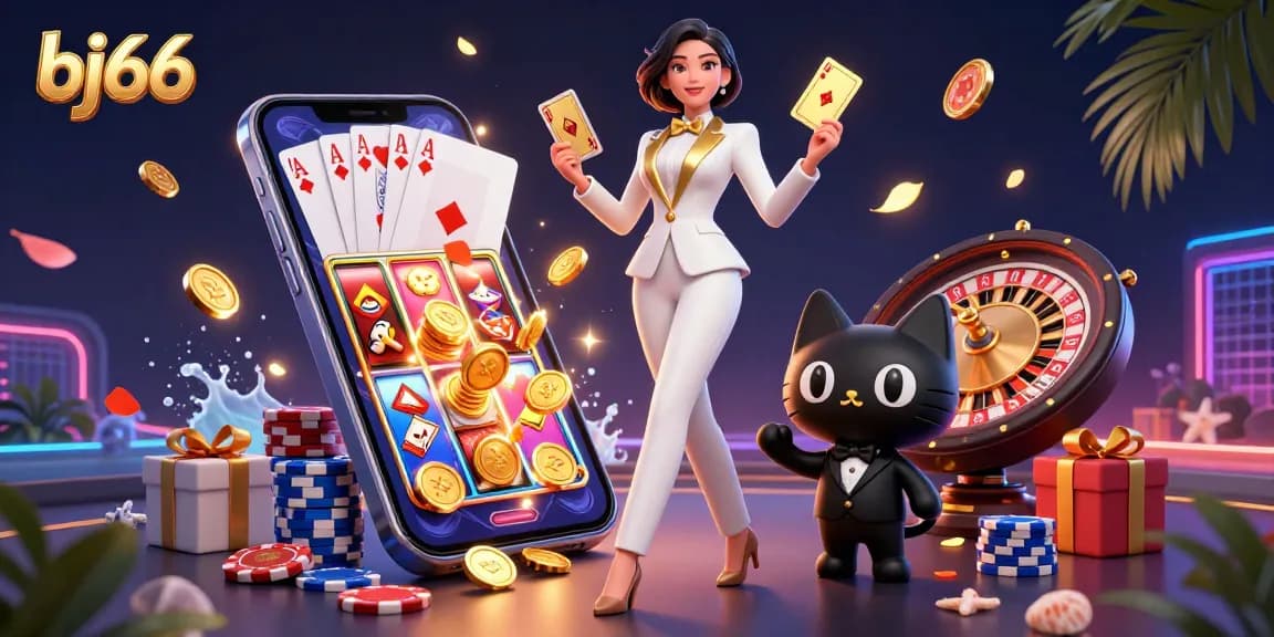 Experience winning at bj66 with glamorous 3D casino characters engaging in card games amid vibrant elements.