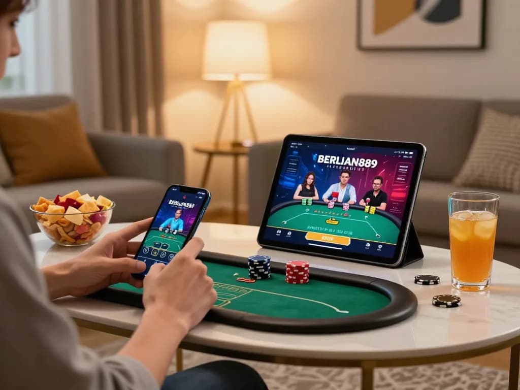Exciting online poker gameplay experience on BERLIAN889 Alternatif in cozy home setting with smartphone and tablet.