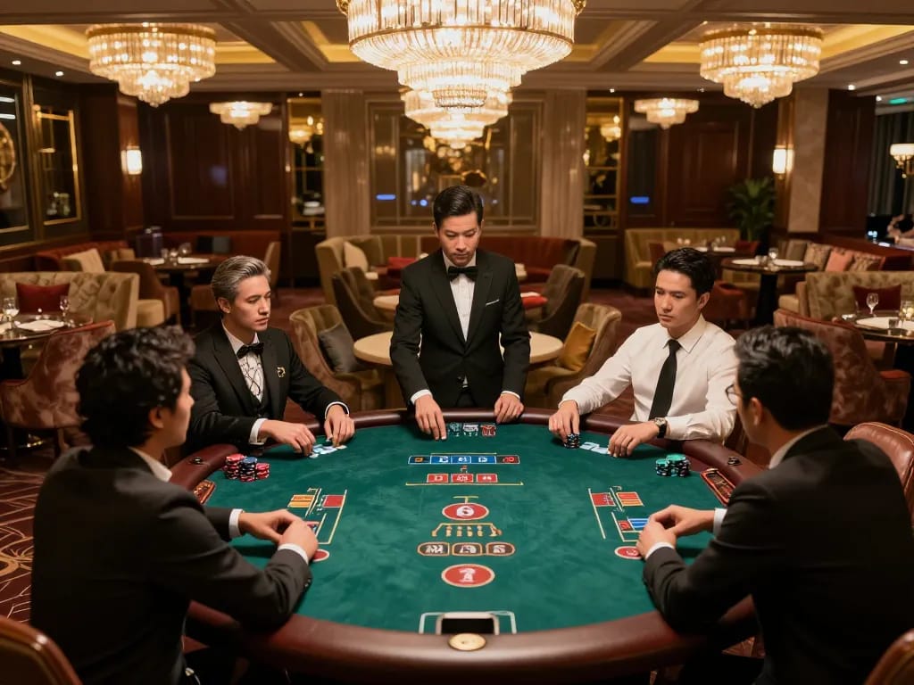 Poker players enjoying an intense game at 789wincom's luxurious VIP lounge