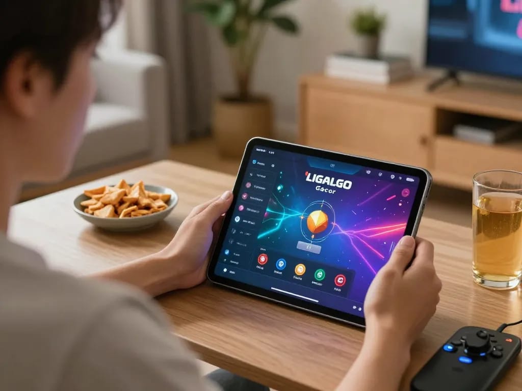 LIGALGO Gacor gameplay on tablet in cozy home setup, highlighting strategic online gaming experience