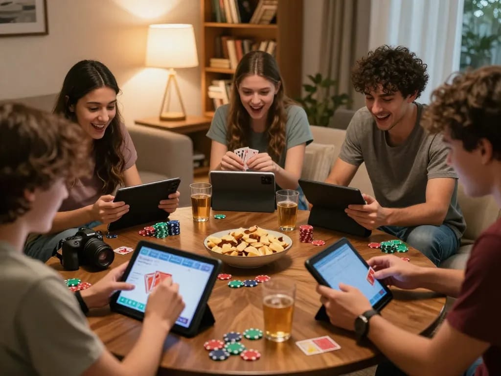 Friends playing F8BET online poker in a cozy living room, enjoying snacks and drinks.