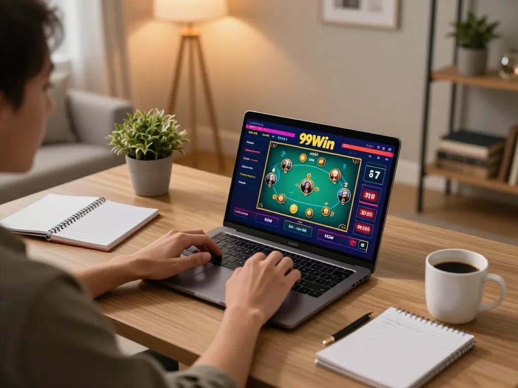 Player enjoying 99Win online poker with organized notes at a cozy home setup