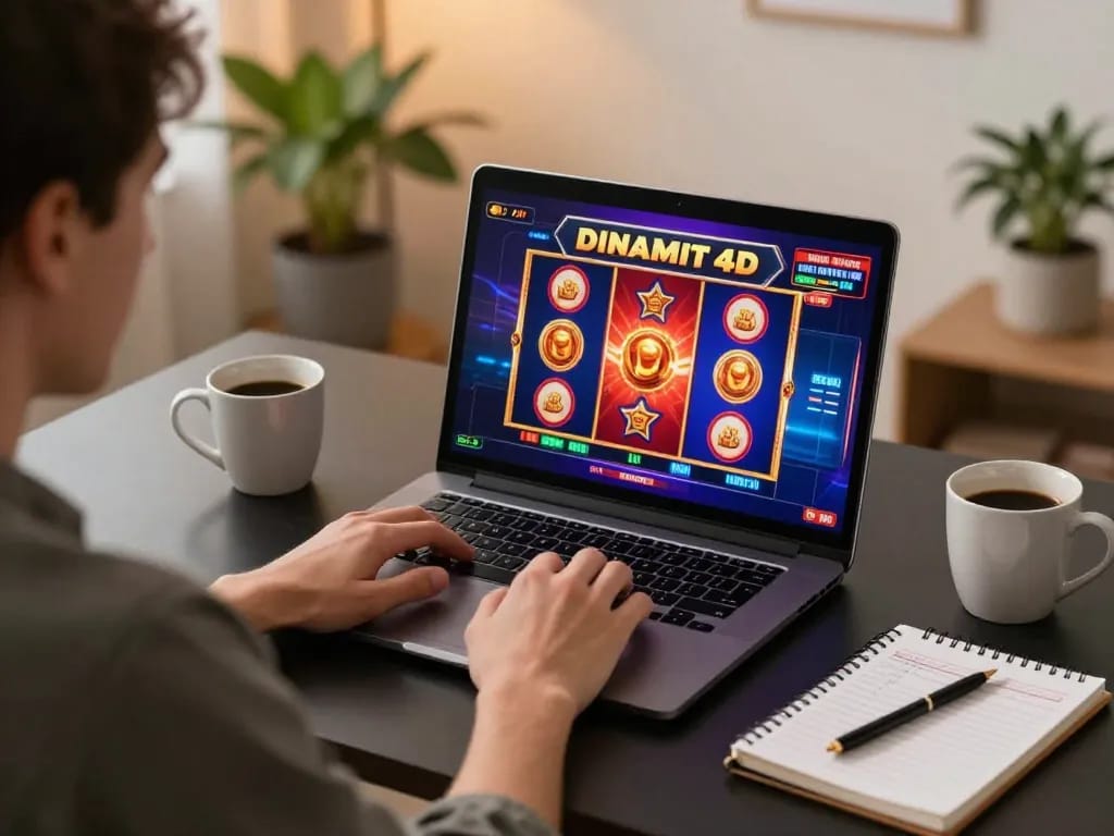 Engaged in playing dinamit4d slots at home with a laptop, showcasing online gambling excitement.