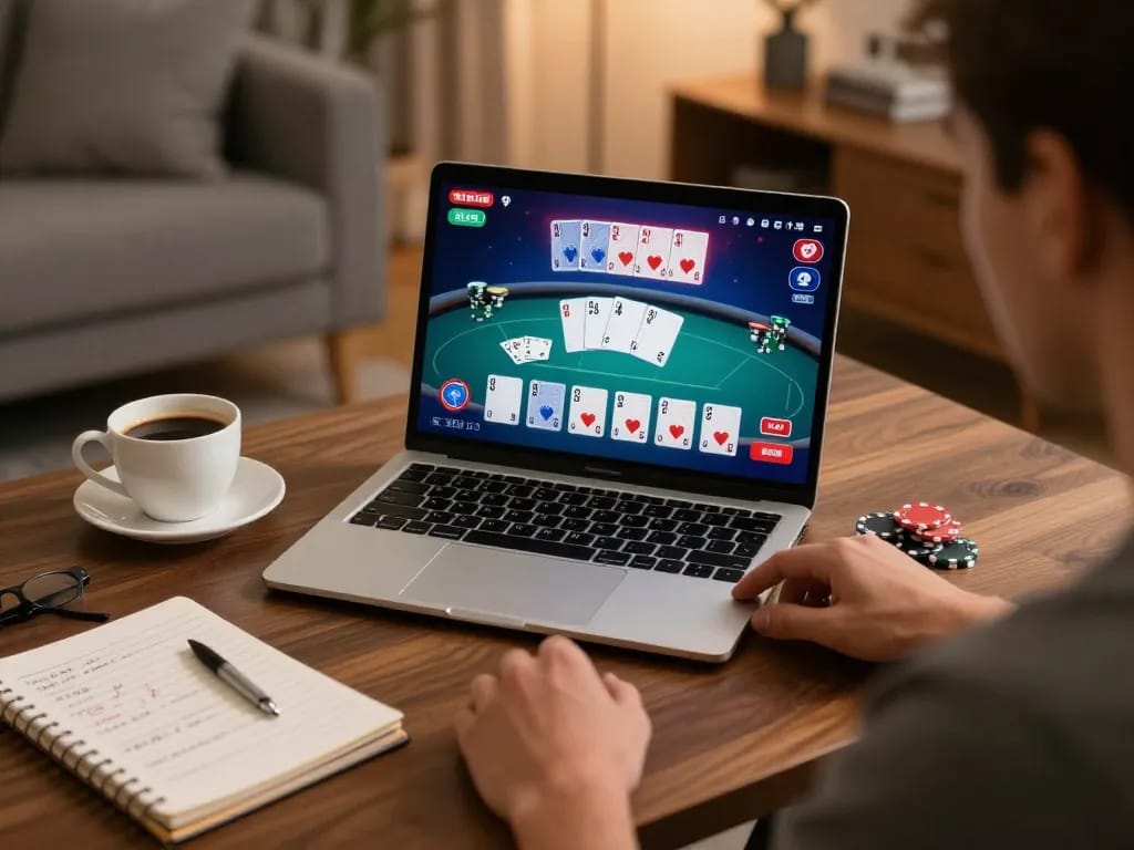 Player enjoying online poker at home using go99 platform, showcasing engaging gameplay and strategic notes.