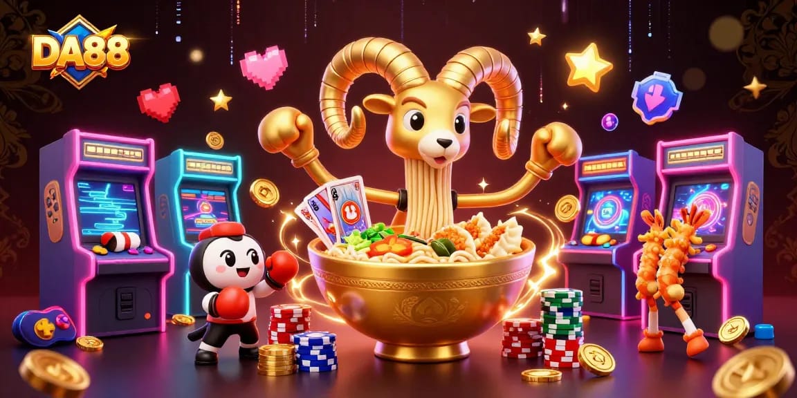 Engage with DA88's vibrant 3D casino scene featuring a golden ramen bowl dealer and colorful game elements.