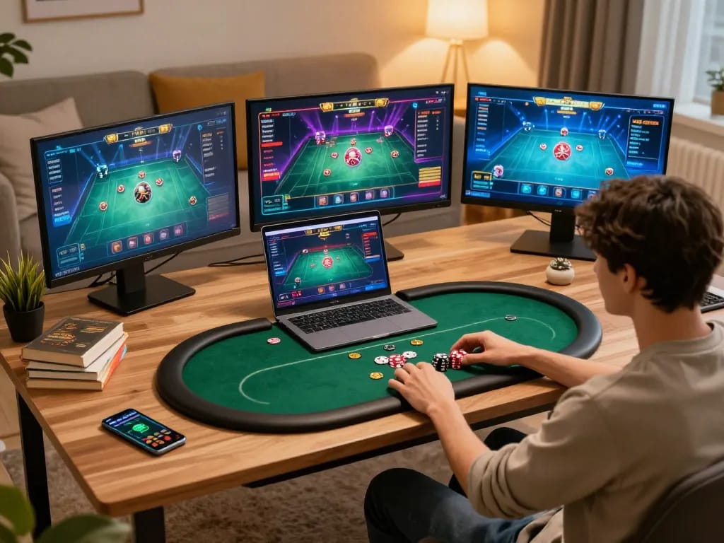 Person engaging in an online poker game on their laptop, showcasing urbanchandy gaming strategy and comfort.