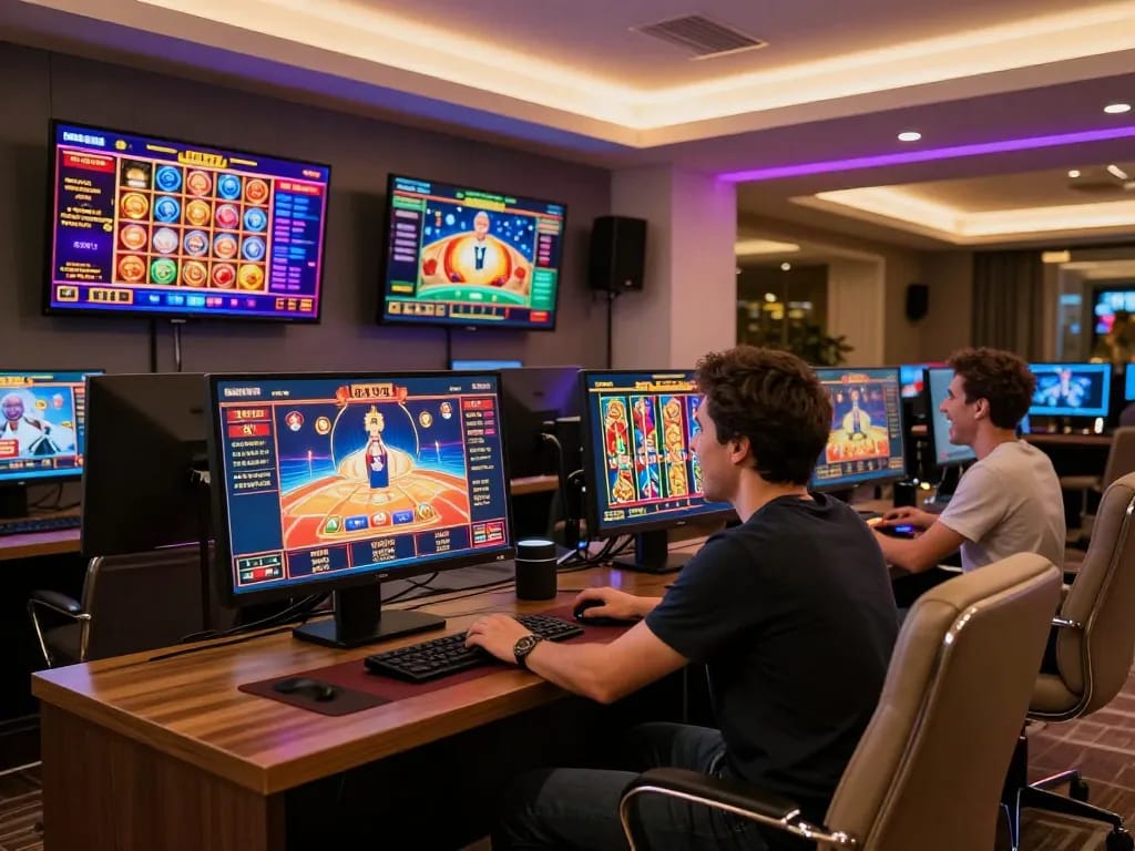 Person excitedly playing on megaplus88 online casino platform with multiple screens and gaming apps.