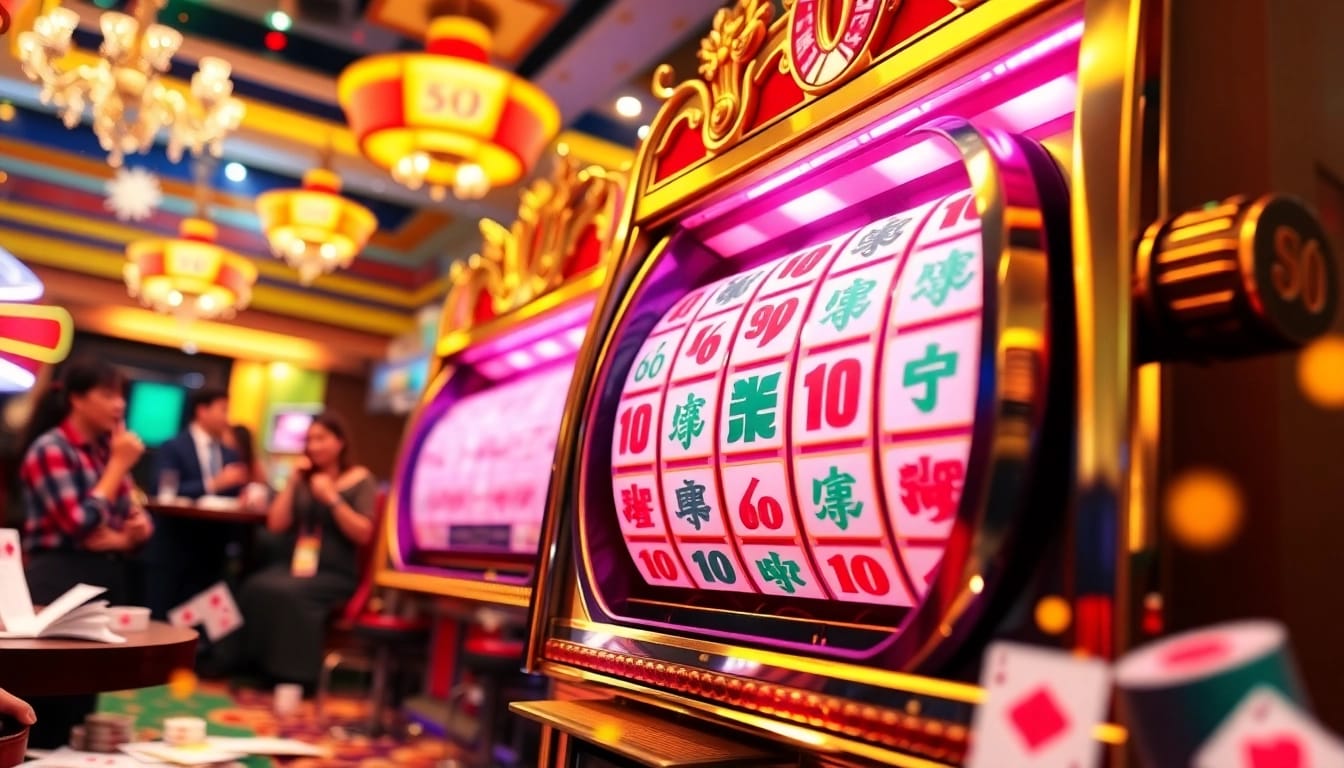 Spin the Slot Mahjong reels in a vibrant casino setting filled with excitement and luxury.