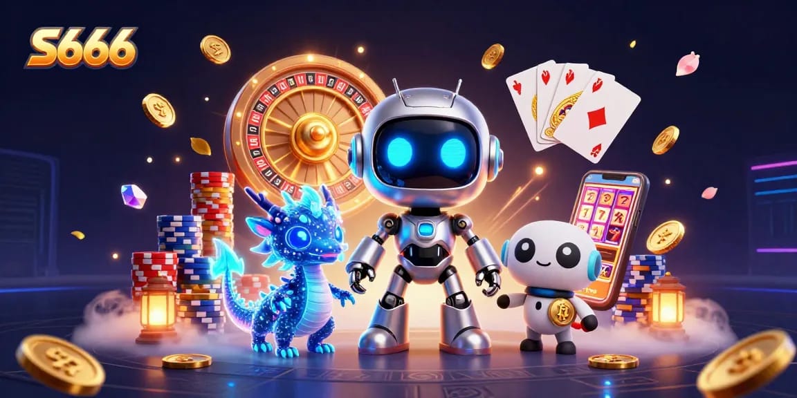 Play exciting games at S666, featuring a neon cyberpunk robot and golden casino elements.