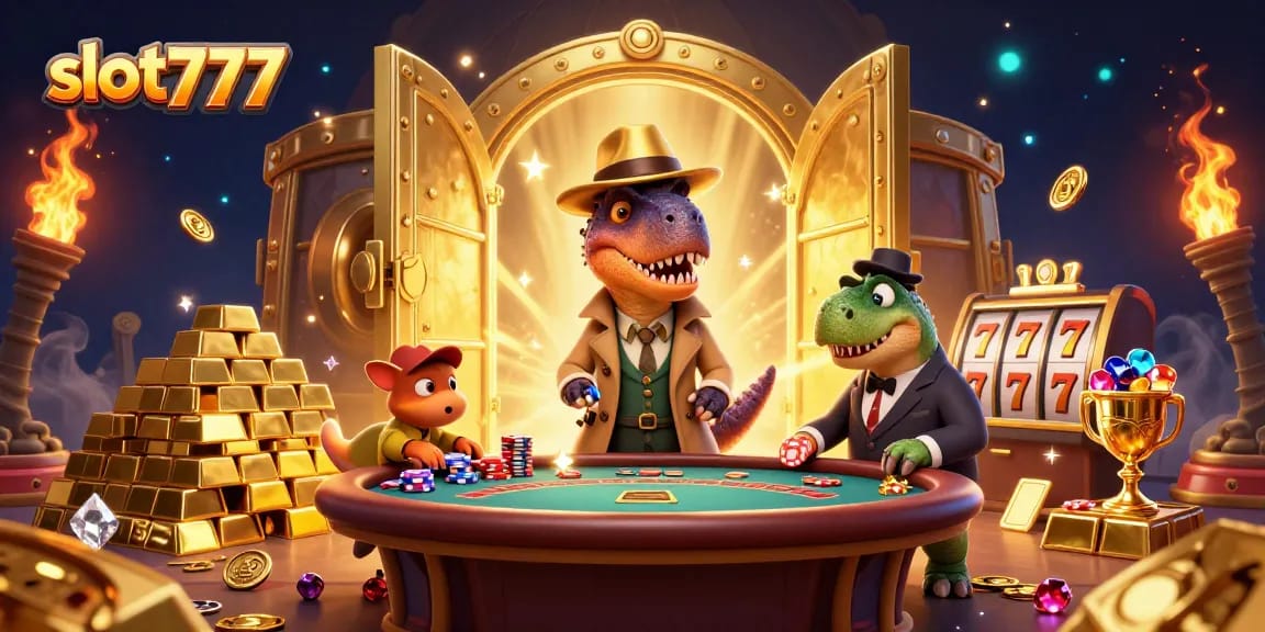 Experience excitement with slot777 as a velociraptor plays blackjack, while a stegosaurus and compy join the thrill!