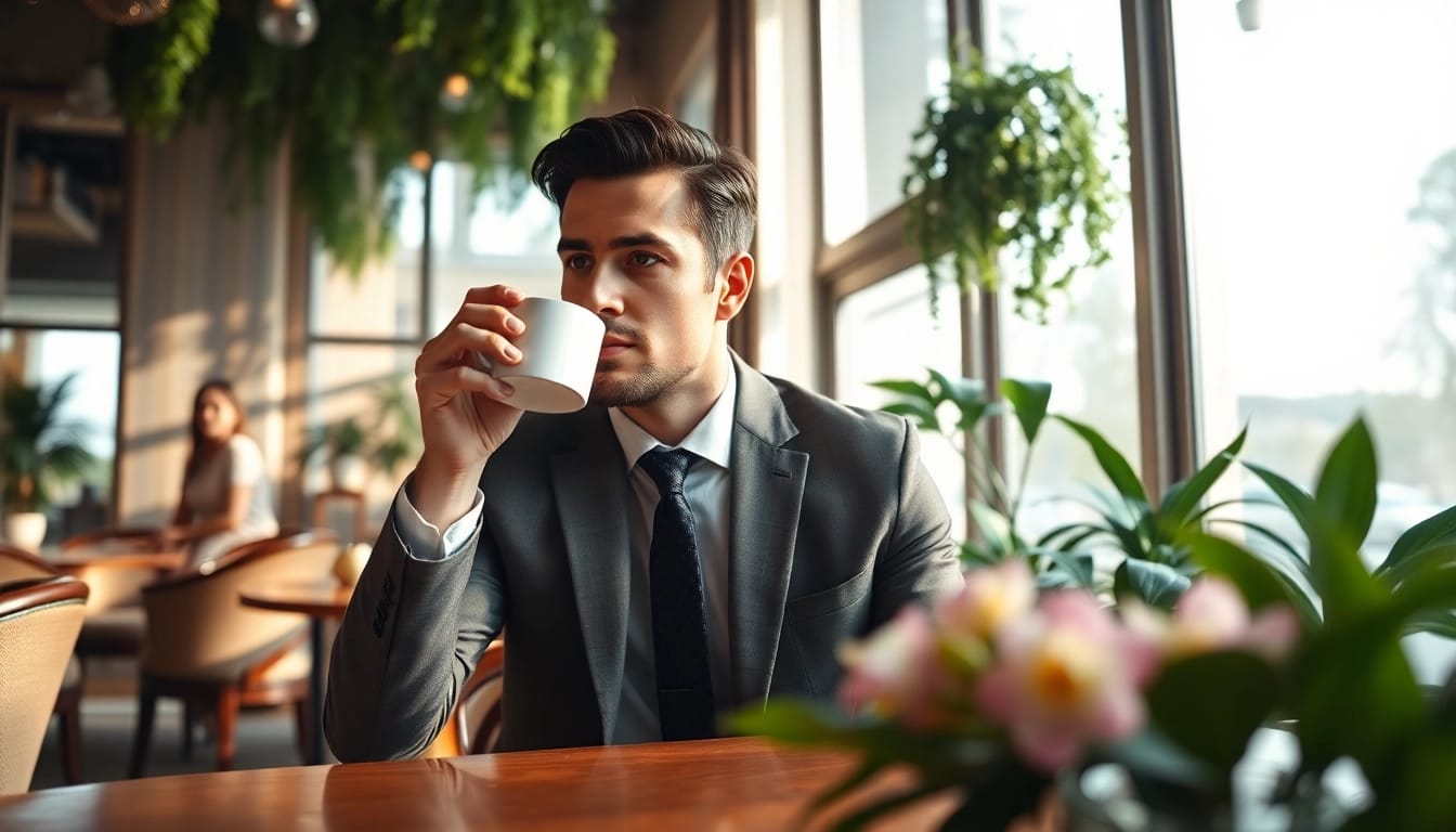 包养的生活方式展示，一位优雅人士在咖啡馆享受生活。