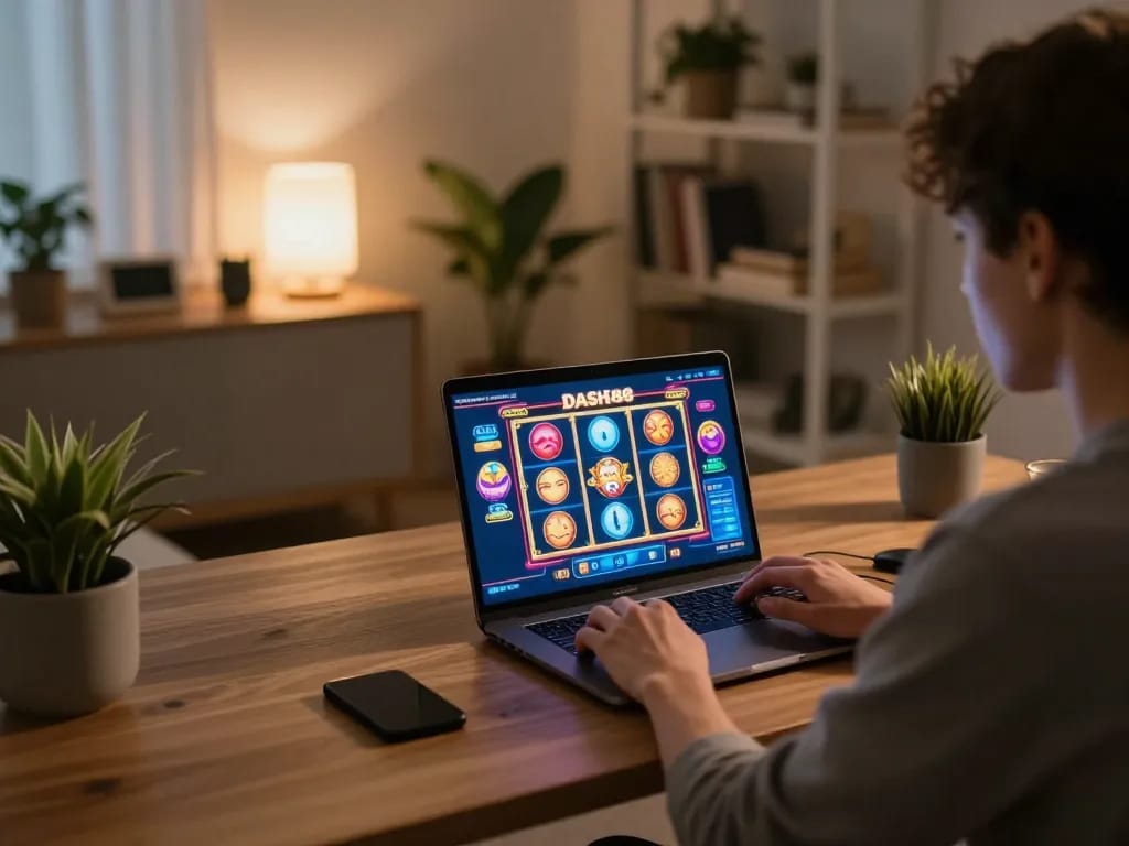 Engaging online gaming moment on dash88 with a player at home using a laptop for interactive casino experience