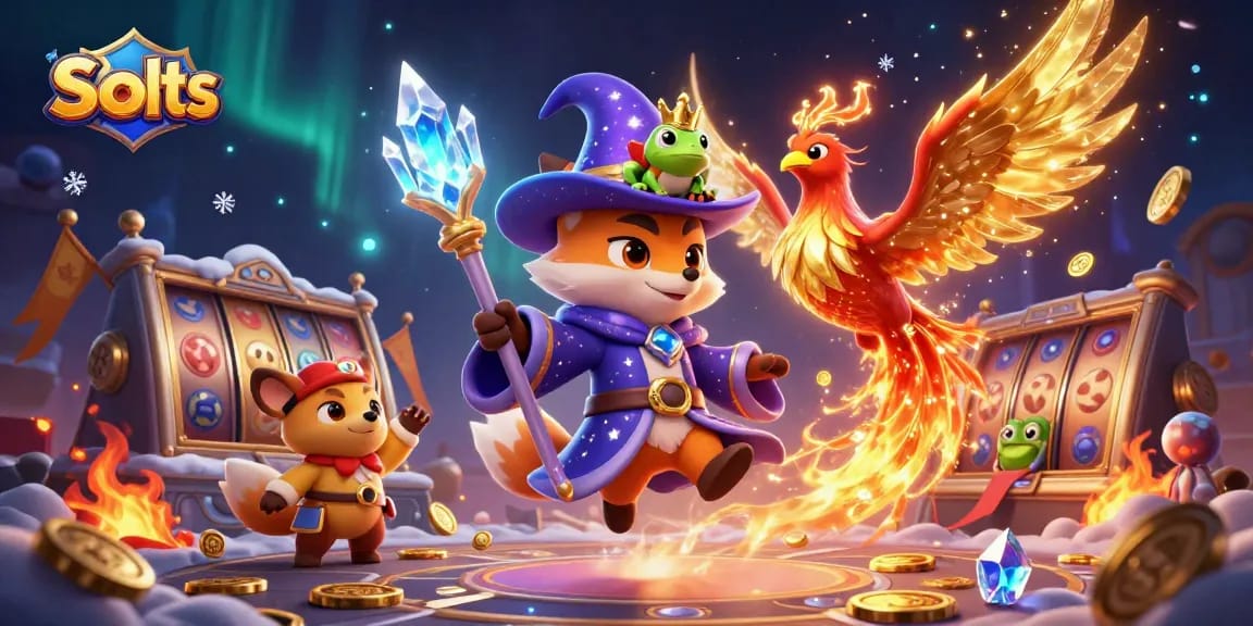 Experience thrilling Slots action with a wizard fox, phoenix, and vibrant gamescape full of excitement.