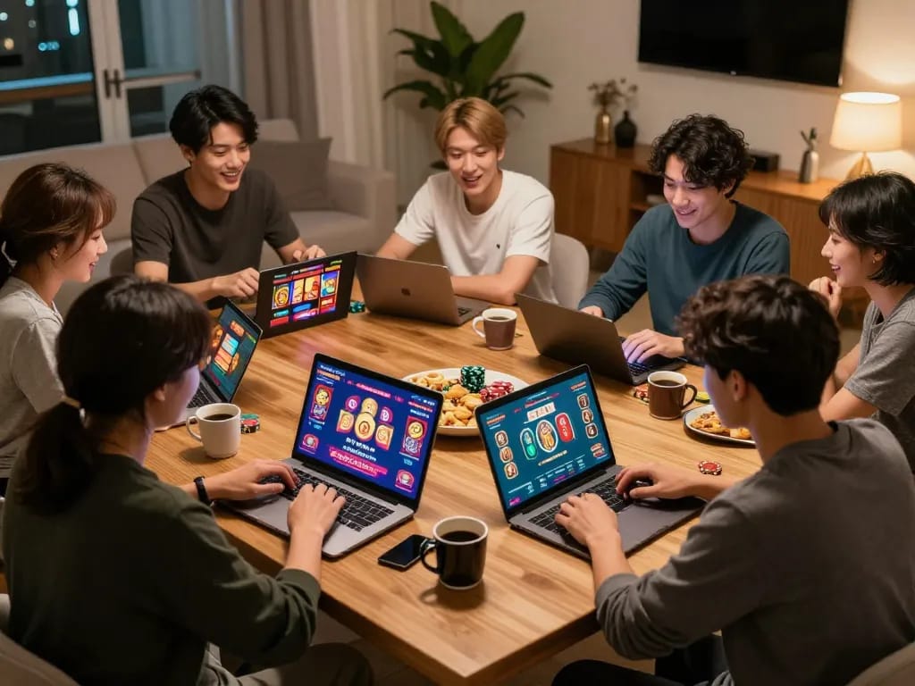 Players engaging with rikvip casino games on their laptops in a warm and inviting home setting.