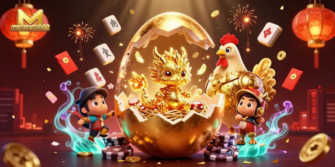 Experience the excitement at menangclub88 with this vibrant 3D collage of gaming elements