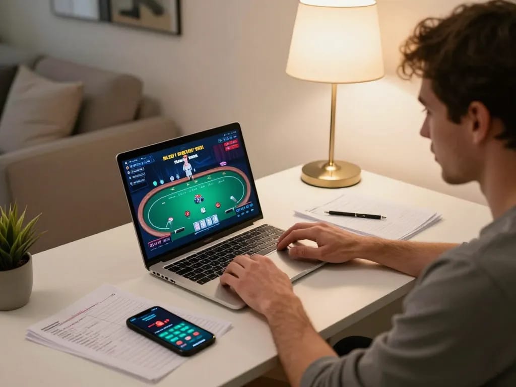 Player engaging in online poker strategy sessions with tx88 betting app on laptop.