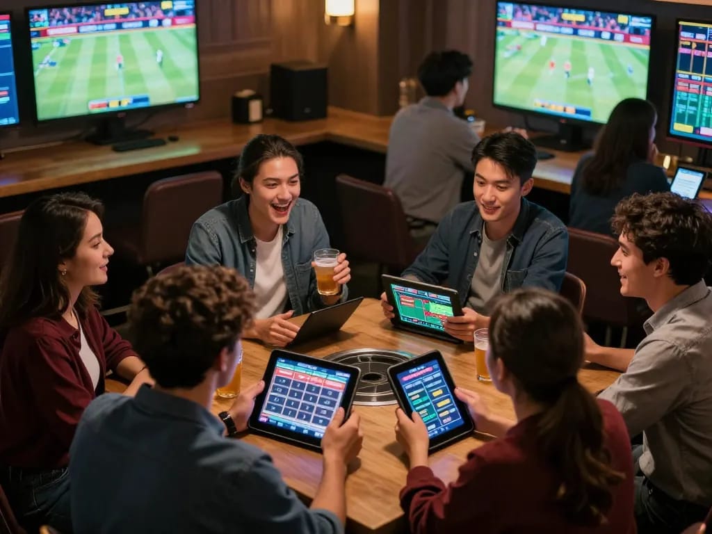 Excited bettors using DEBET app to place live sports bets in a vibrant sports bar setting.