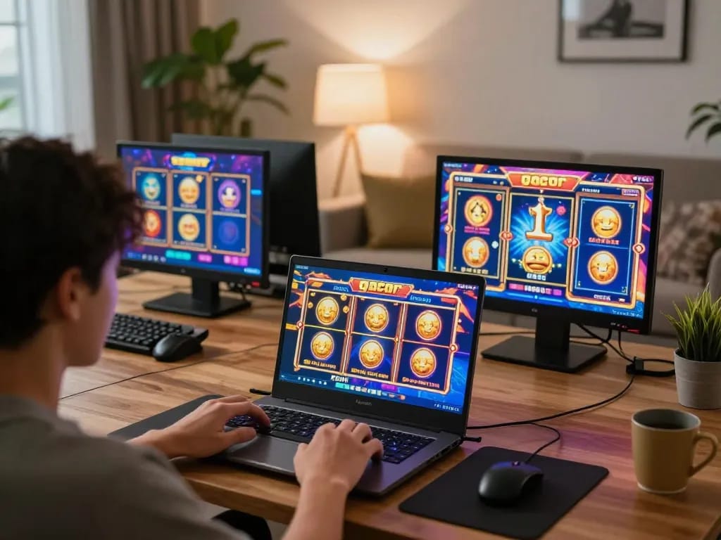 Engaging gameplay on slot gacor at home with a laptop and colorful winning screens.