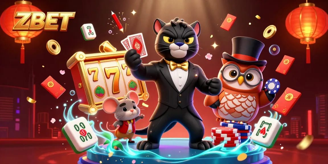 Engaging ZBET illustration with a stylish tuxedo panther and gaming elements representing casino excitement.