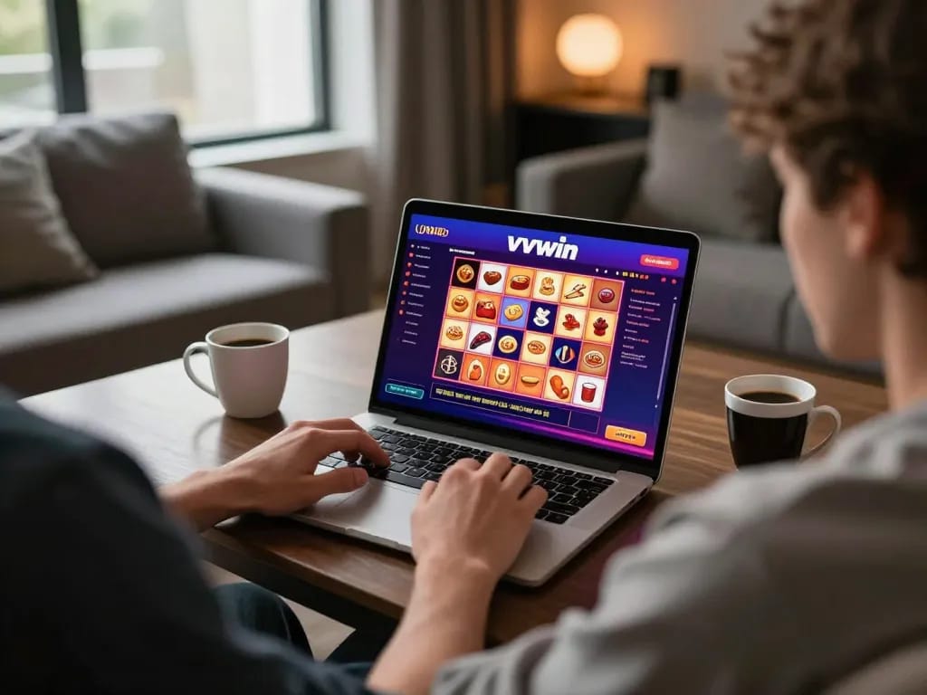Engaging with vvvwin's online lottery interface at a cozy home setup.