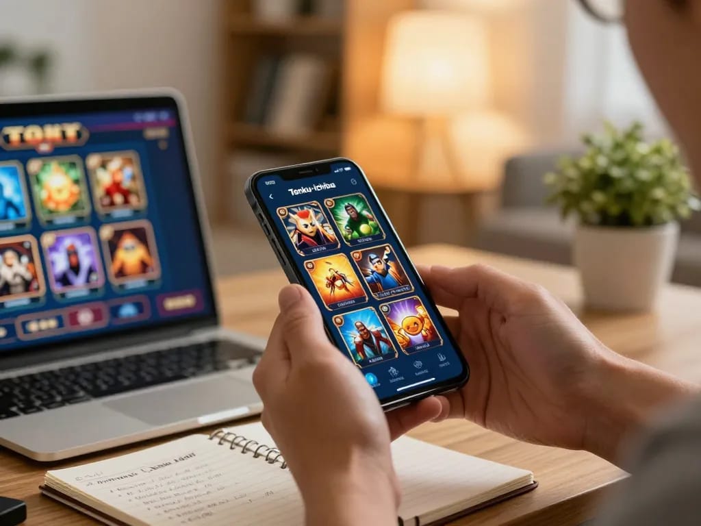 Berinteraksi dengan aplikasi tenku-ichiba di smartphone, menyoroti kegembiraan permainan mobile dalam suasana rumah yang nyaman.
