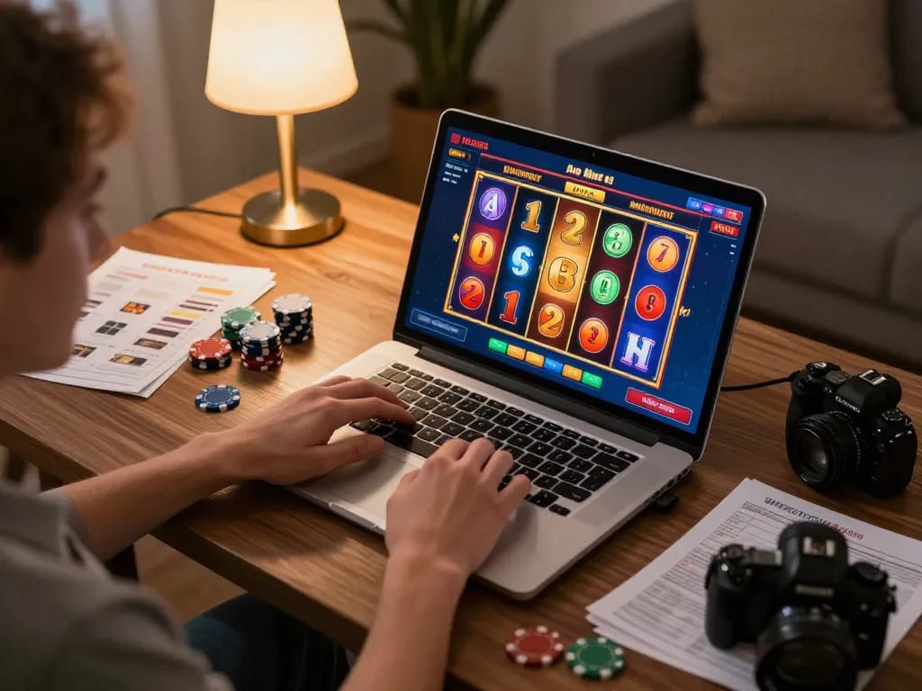 Engaging online gambling scene with viral88 slots interface visible on laptop screen, showcasing player excitement and responsible gaming.