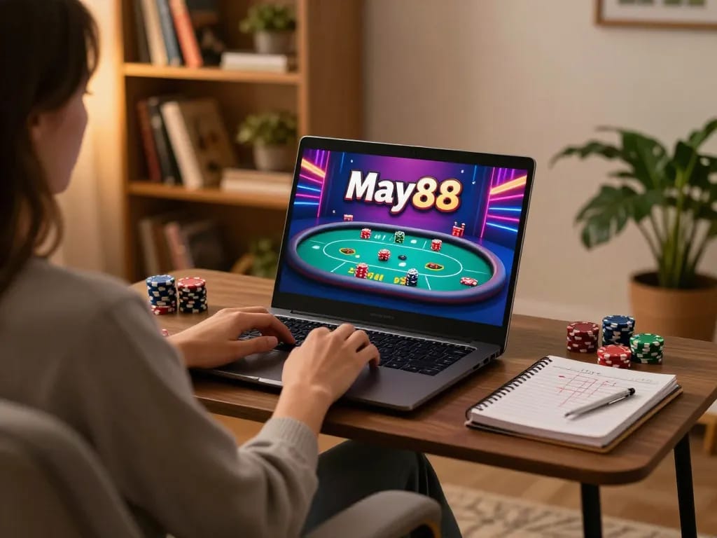 Engaging gaming session on May88 with a player analyzing strategies and placing bets at home.