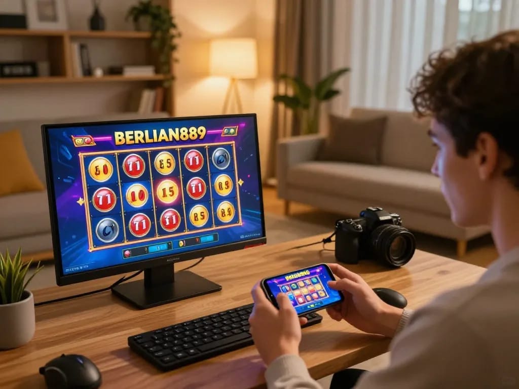 Engaging with BERLIAN889 Slot on a smartphone in a stylish home setup, showcasing exciting online gaming experience