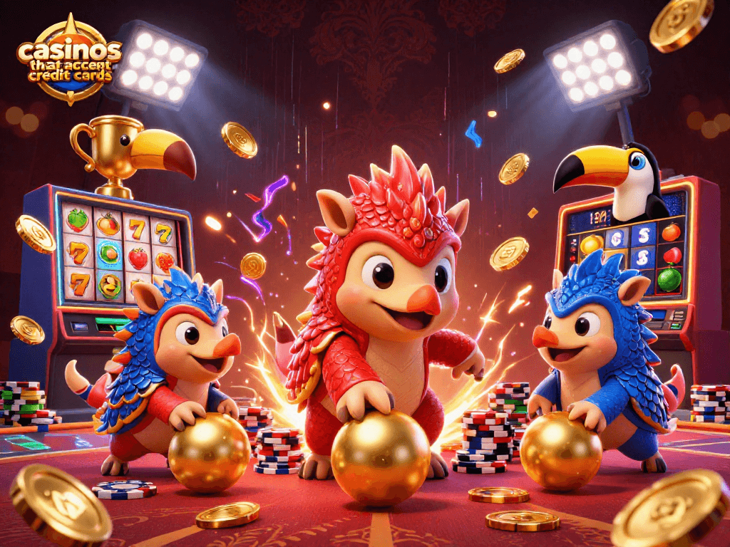 Experience exciting gameplay at casinos that accept credit cards featuring animated pangolins bowling through poker chips.