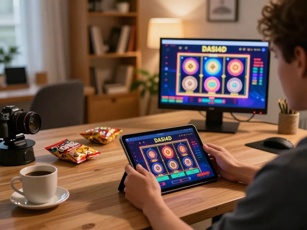 Sesi permainan online DASI4D yang menampilkan antarmuka mesin slot berwarna-warni di tablet