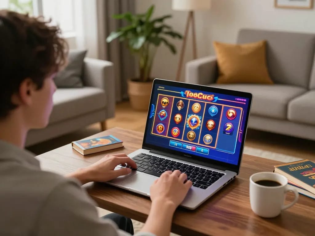 Player engaging with 100Cuci online casino on a laptop, showcasing vibrant slot game interface in a cozy home setting.