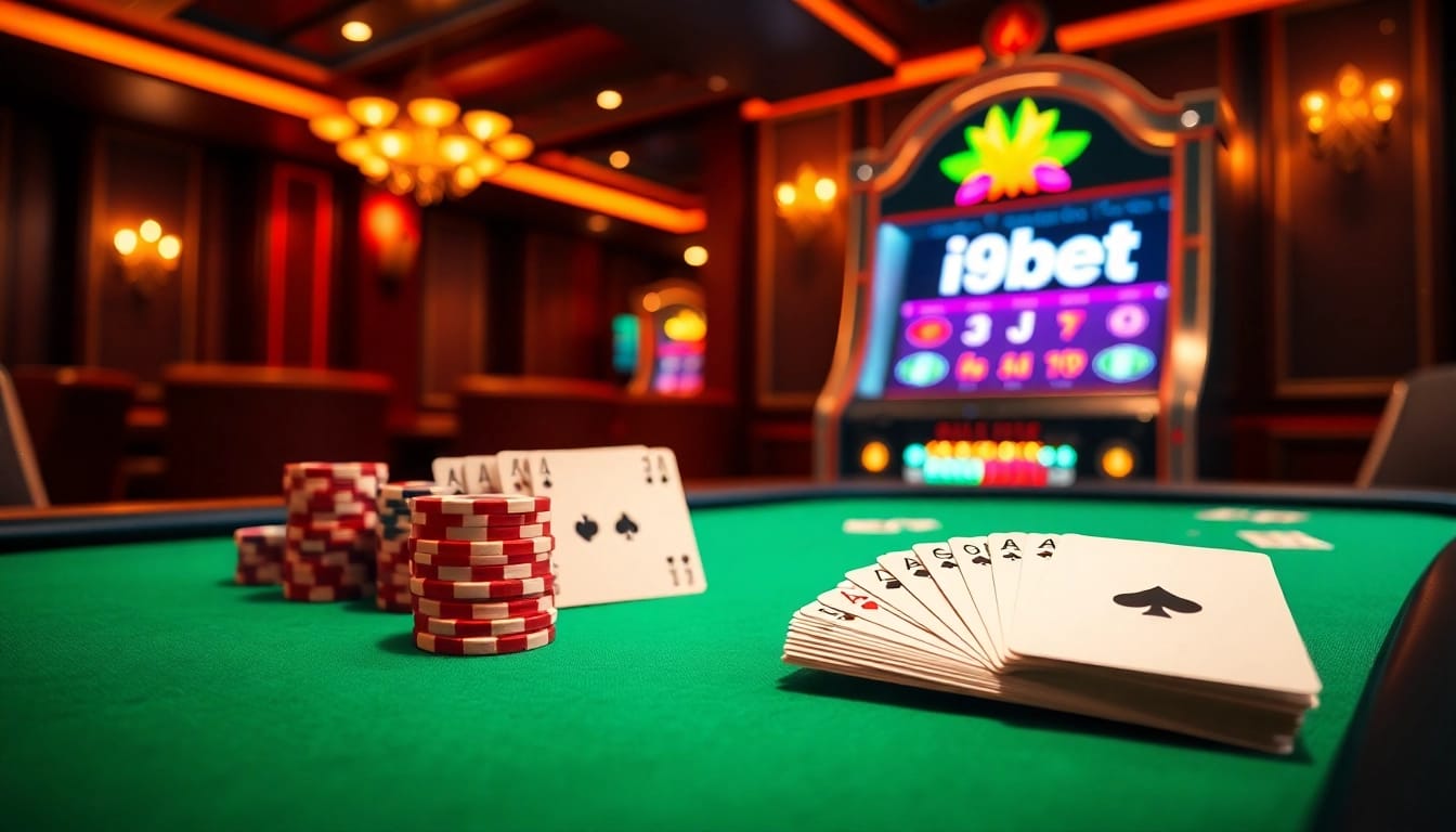 i9bet poker table with chips and cards, showcasing a thrilling online gambling experience