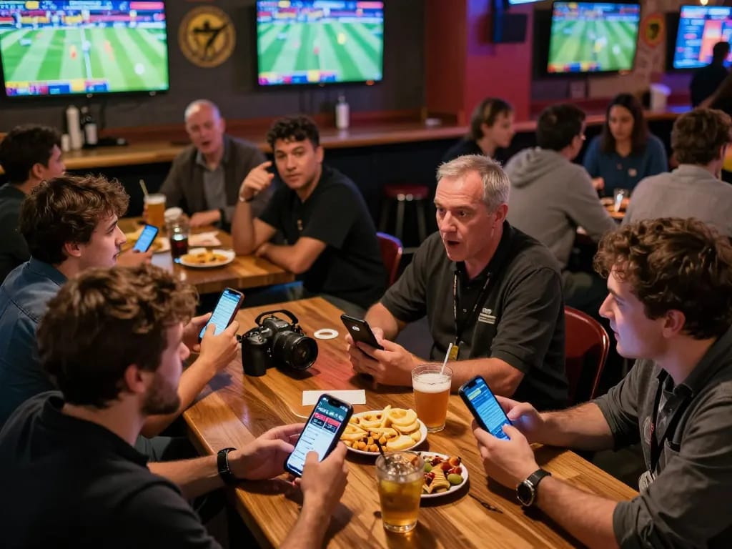 FC88 players engaging in sports betting excitement during a lively sports bar atmosphere.