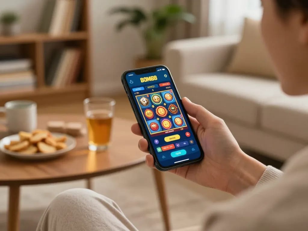 Pemain BOM88 menikmati pengalaman permainan mobile dengan antarmuka slot yang menarik di rumah yang nyaman